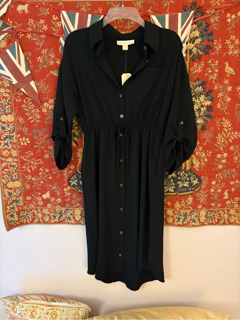 Monteau Black Button-Front Midi Shirt Dress
